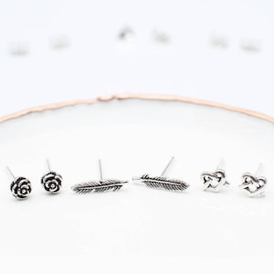 Sterling Silver Mini Earrings • Rose Studs • Feather Studs • Love Knot Studs