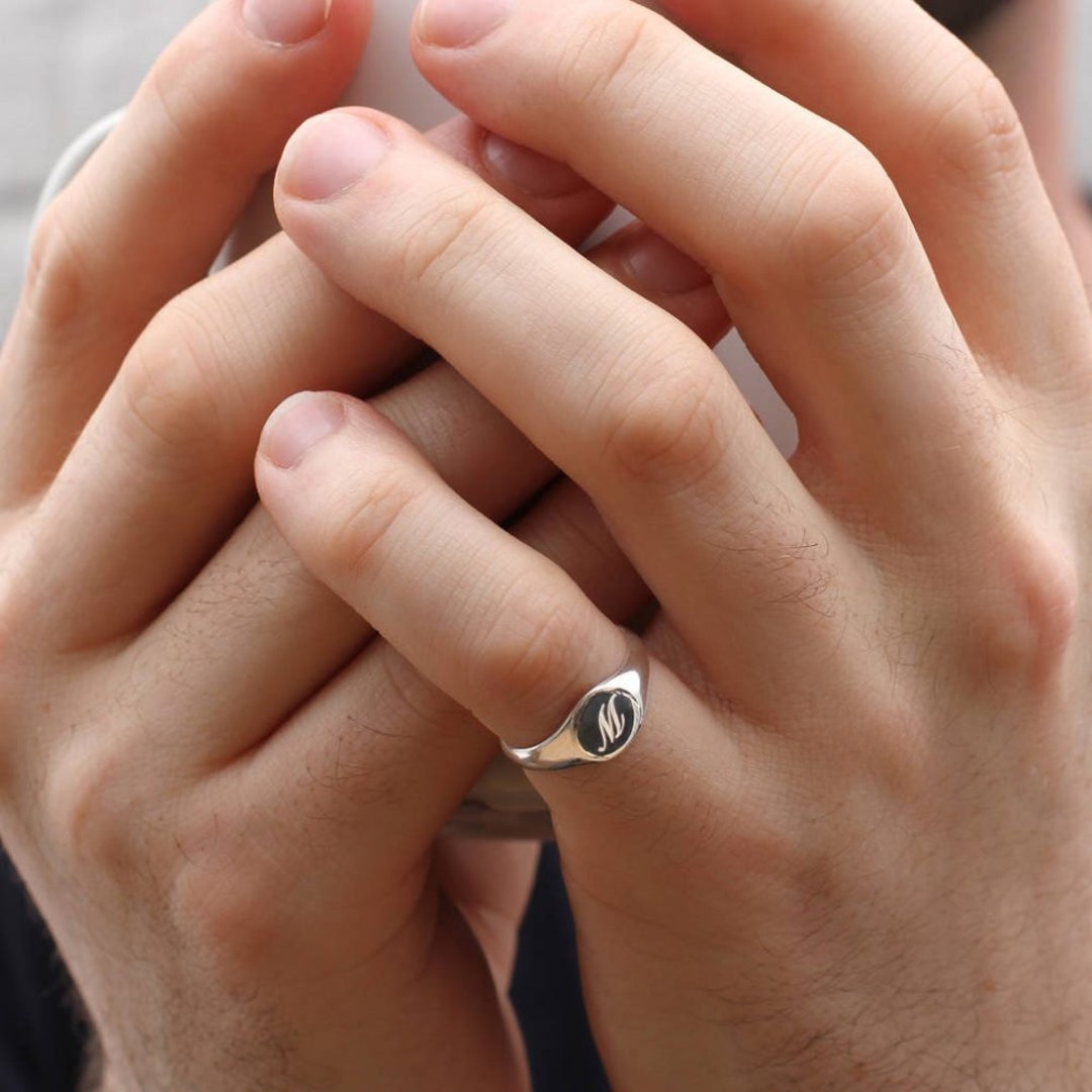 Men's Silver Initial Pinky Signet Ring Husband Gifts Engraved