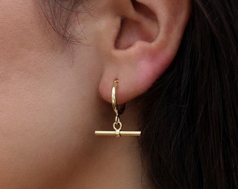 9ct Yellow Gold T-Bar Hoop Creole Earrings