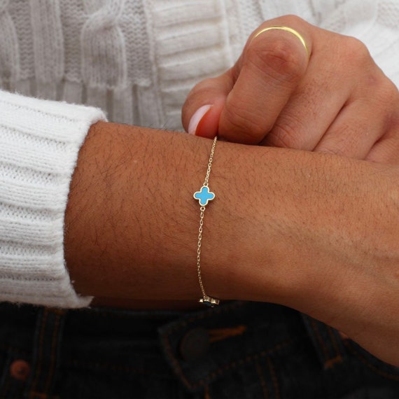 ●tow tow archive● Full Clover Bracelet Turquoise TBH22ABTB 14KT Yellow Gold 14mm Turquoise Clover Station Chain