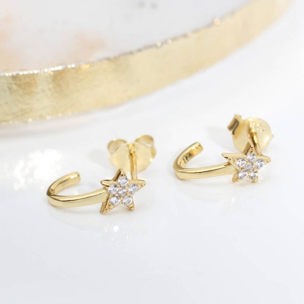 18ct Gold Plated Or Sterling Silver Crystal Set Star Huggie Hoop Earrings