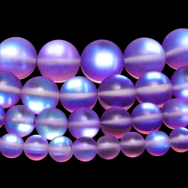 Matte Purple Iridescent Clear Glass Synthetic Beads Frosted Round Loose - 6mm 8mm 10mm 12mm - 15.5" Strand