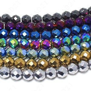 Faceted Hematite Metallic Beads Gemstone Natural Round Loose - 8mm - 15.5" Strand