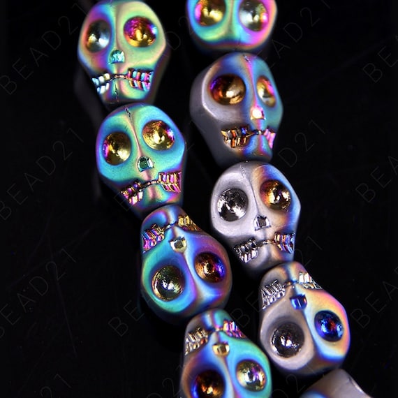 Metallic Crystal Skull Beads Blue Silver Rainbow Charm - 10mm - 8 pieces