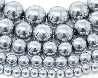 Silver Hematite Beads Natural Gemstone Round Loose - 4mm 6mm 8mm 10mm 12mm - 15.5&quot; Strand