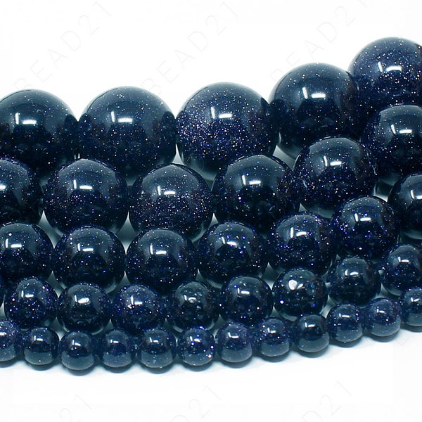 Blue Sandstone Beads Goldstone Natural Gemstone Round Loose - 4mm 6mm 8mm 10mm 12mm - 15.5" Strand