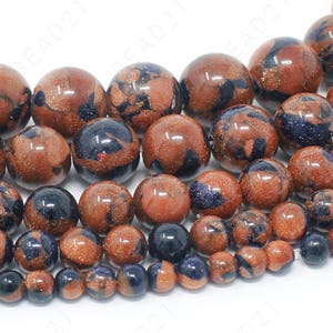 Blue Gold Sandstone Beads Goldstone Natural Gemstone Round Loose - 4mm 6mm 8mm 10mm 12mm - 15.5" Strand