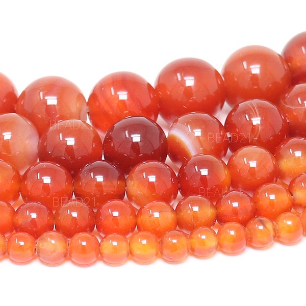 Red Orange Agate Beads Natural Gemstone Round Loose - 4mm 6mm 8mm 10mm 12mm - 15.5" Strand