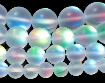 Matte Clear Iridescent Rainbow Glass Synthetic Moonstone Beads Frosted Round Loose - 6mm 8mm 10mm 12mm - 15.5" Strand