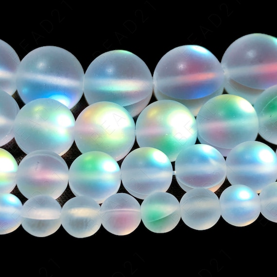 Matte Clear Iridescent Rainbow Glass Synthetic Moonstone Beads Frosted Round Loose - 6mm 8mm 10mm 12mm - 15.5" Strand