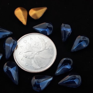 12 Vintage Glass Rhinestone Pear Shape Montana Blue Gold Foil Back 13x8mm