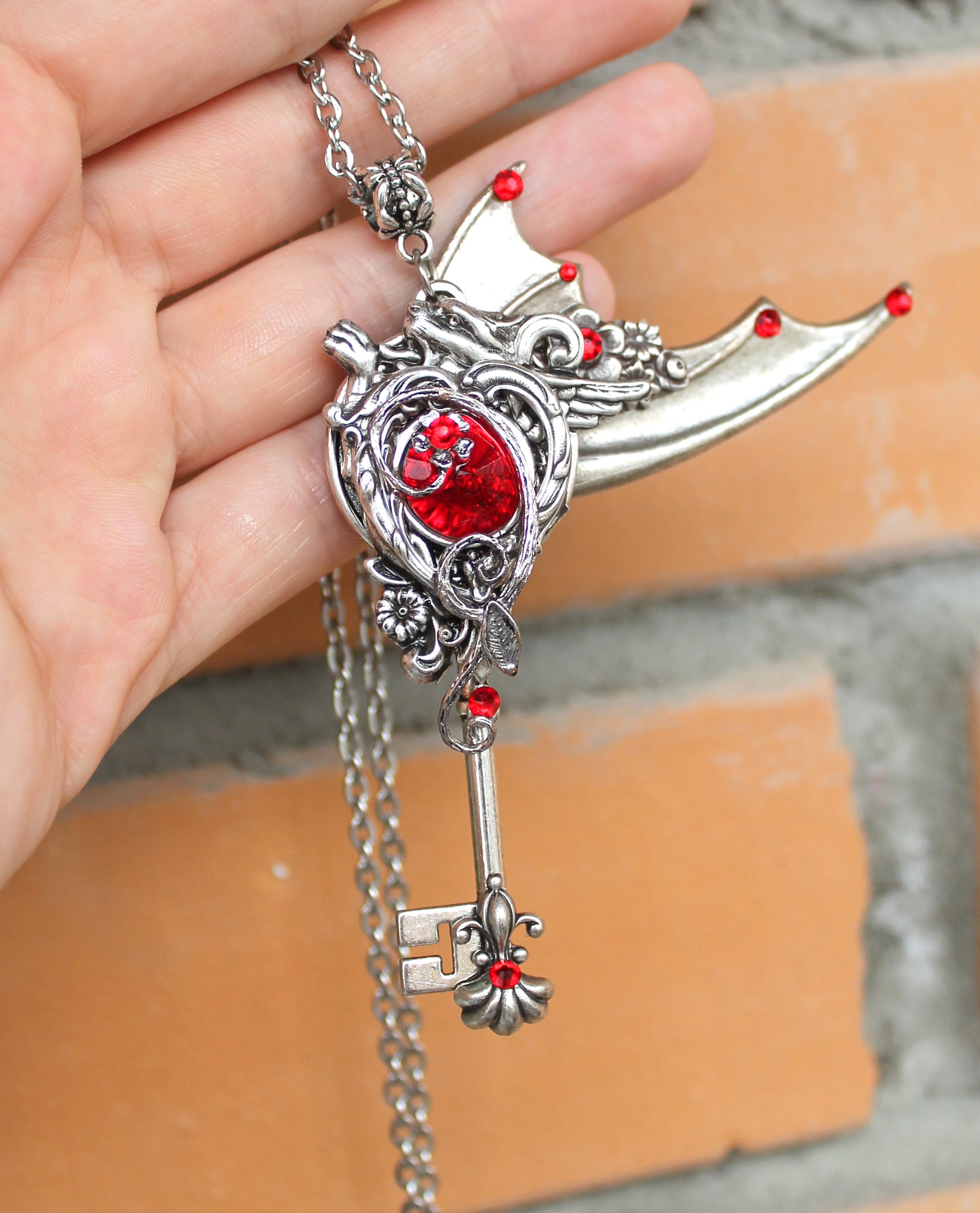 Fantasy key gothic key fantasy necklace red swarovski key Etsy