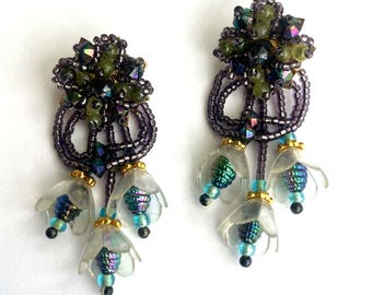 Colleen Toland Signed 1990 Beaded Floral Post Earrings Dangle Vintage