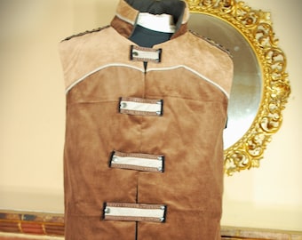 Gilet Steampunk (gilet) in cordoncino marrone con finiture in pelle, pezzo unico