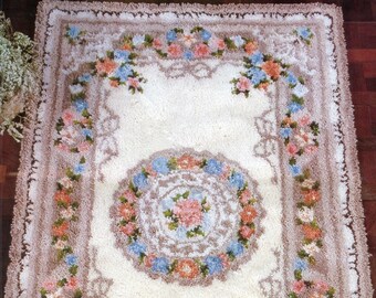 Blossom Treasure 1982 Bernat Latch Hook Complete Kit #T3961 Size Approx. 36" x 56" Designer Laurel Blake Elegant Floral Rectangular Rug