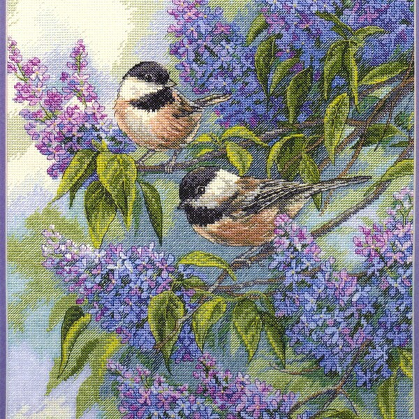 Chickadees and Lilacs 2010 Dimensions Gold Collection Counted Cross Stitch Kit #35258 Sz 12" x 16" Painter Rosemary Millette Wildlife Birds