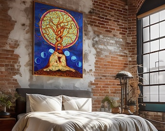 Simple coloured Cosmic wall Art | Tree of Life Artistic wall decor | Minimalistic Flower of Life | Blue pattern wall art