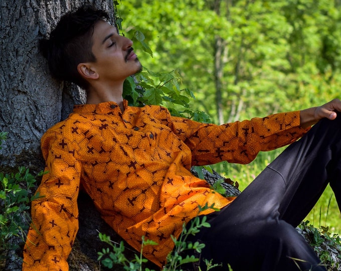 Shipibo Shirt: Orange Long Sleeve Mandarin Collar, Sacred Geometry