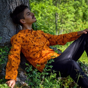 Chemise Shipibo art visionnaire, manches longues orange avec col mao, géométrie sacrée, vêtements, vêtements psychédéliques