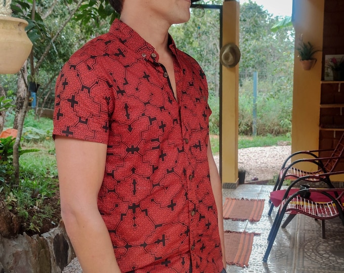 Red Shipibo Patterned Men's Shirt: Sacred Plant Cotton Top
