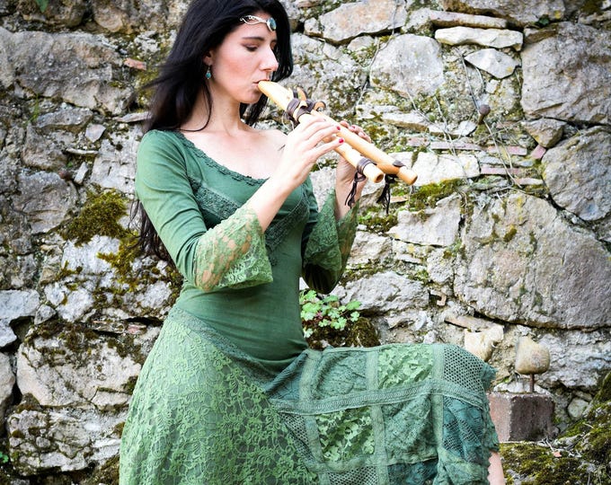 Emerald Green Medieval Fairy Dress, Renaissance Fair Outfit, Cottagecore Fantasy Gown, Elven Witchy Lace Dress, LARP Cosplay Clothing