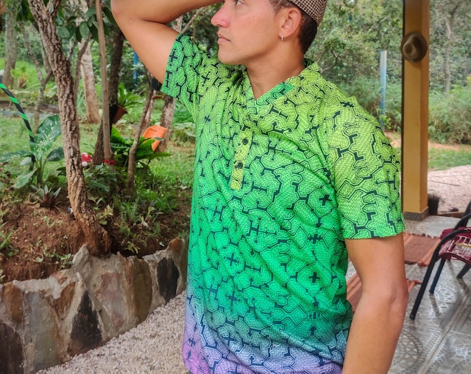 Cotton tshirt shipibo, green purple gradient featuring mesmerizing Sacred Geometry  art, psychedelic  plants patterns.