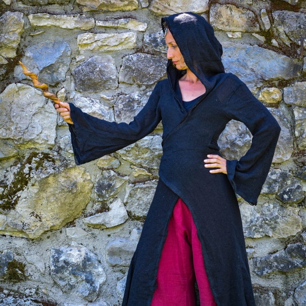 Robe longue de fée elfique, longue cape médiévale à capuche wicca, vêtements de festival de transe psy bohème, déesse vêtue