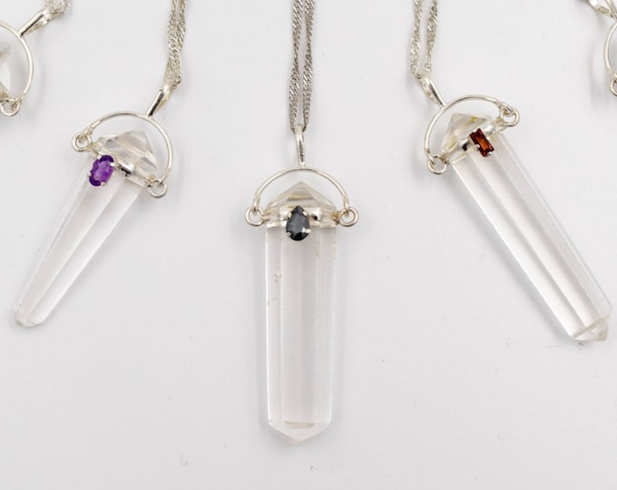 Rock Crystal Point Necklace: Sterling Silver Chain, Tourmaline Detail
