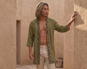 Mens Green Boho Kimono Jacket, Shipibo Print Cardigan, Festival Robe, Bohemian Men's Duster, Beach Cover Up, Sacred Geometry Clothing