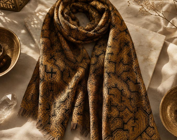 Luxury Boho Scarf for Women Gold Geometric Shawl Sacred Pattern Fringe Wrap Elegant Tribal Fashion Gift Idea