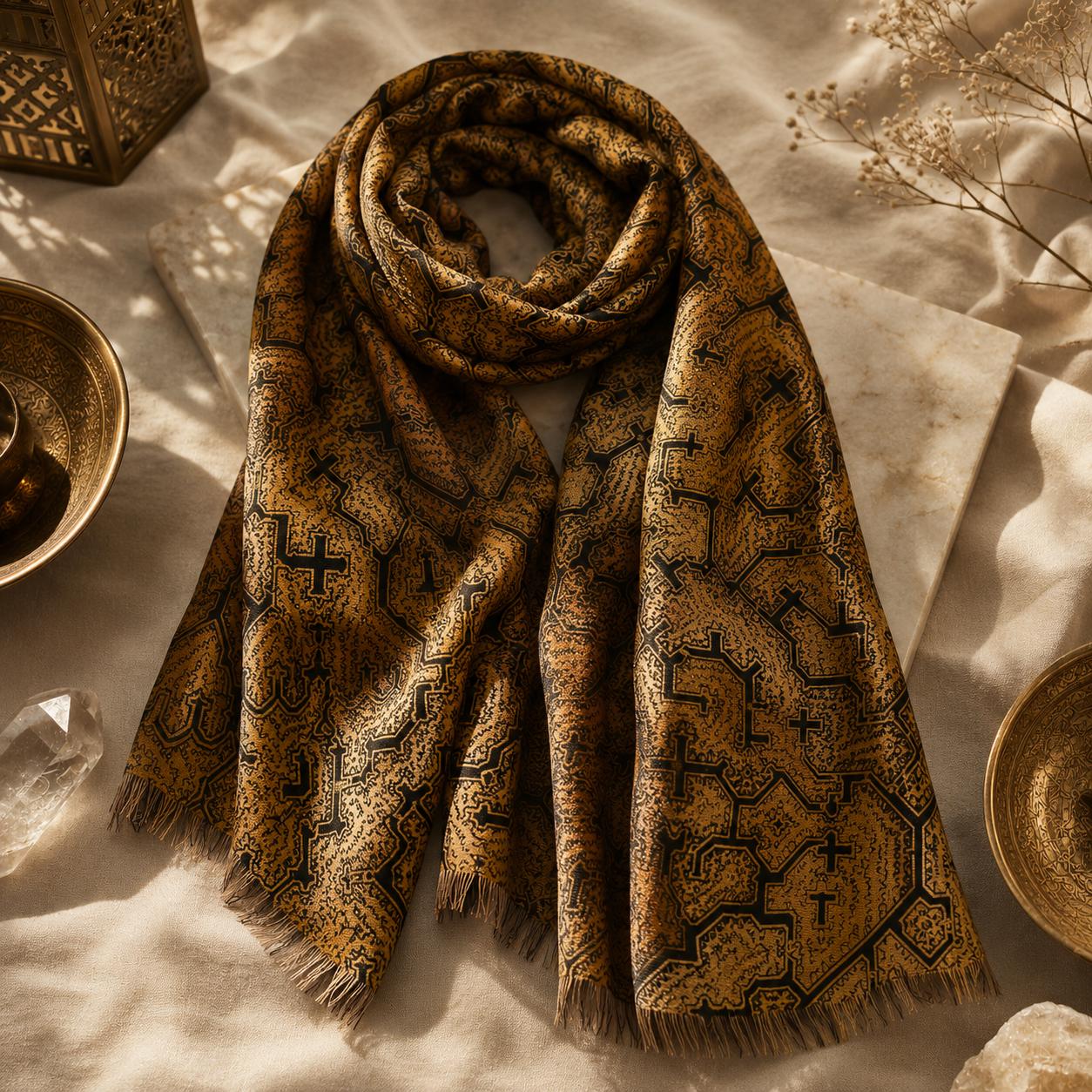 Luxury Boho Scarf for Women Gold Geometric Shawl Sacred Pattern Fringe Wrap Elegant Tribal Fashion