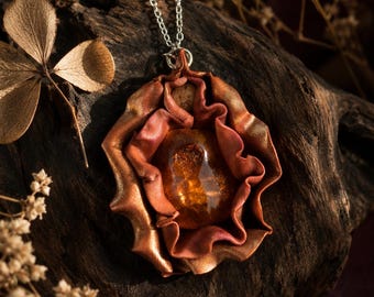 Amber Flower Talisman Necklace, Handmade Organic Pendant Jewelry, Witchy Botanical Statement Necklace, Rustic Artisan Charm