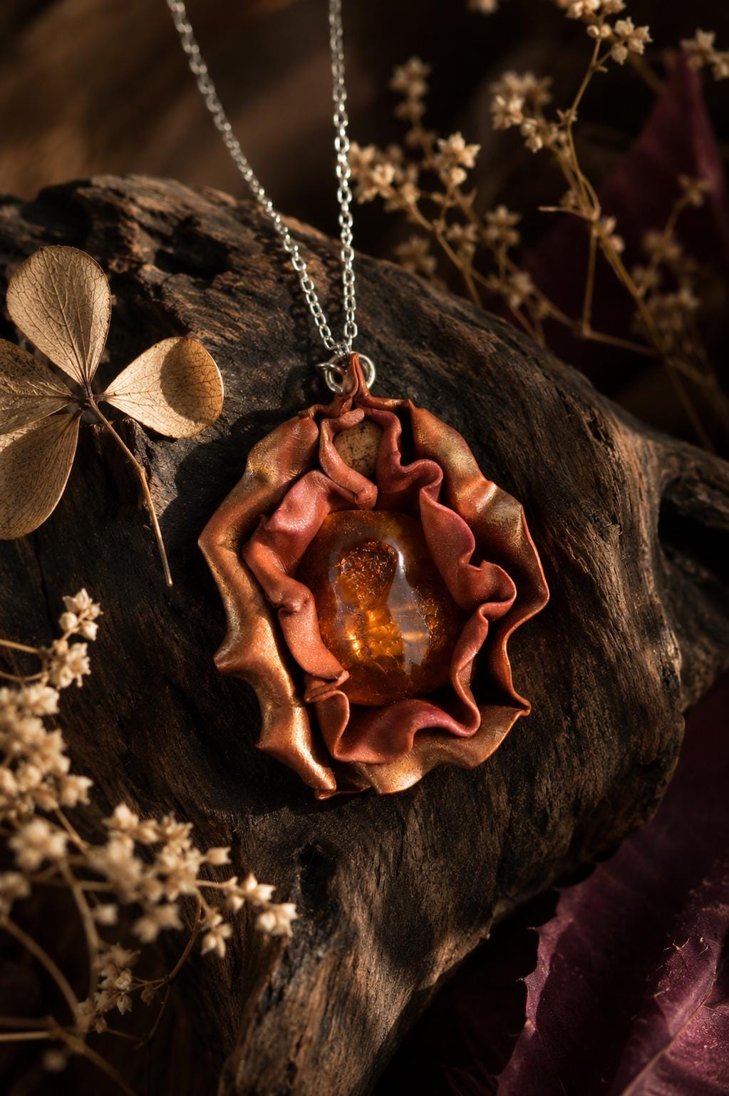 Amber Flower Talisman Necklace, Handmade Organic Pendant Jewelry Amber Flower Talisman Necklace, Handmade Organic Pendant Jewelry