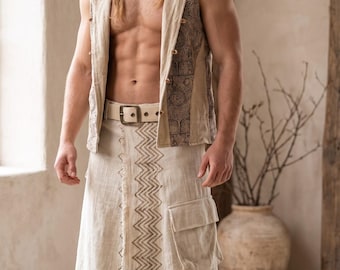 Viking Kilt & Men's Linen Wrap Skirt – Handcrafted Asymmetrical Boho Festival Clothing with Pockets and Adjustable Tribal Belt