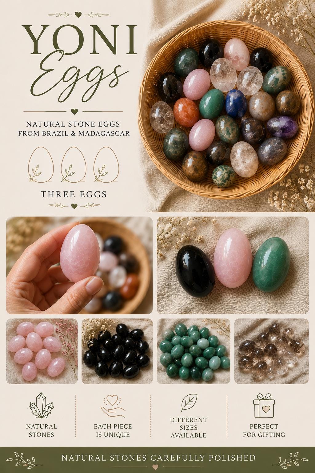 Set of 3 natural polished stone eggs