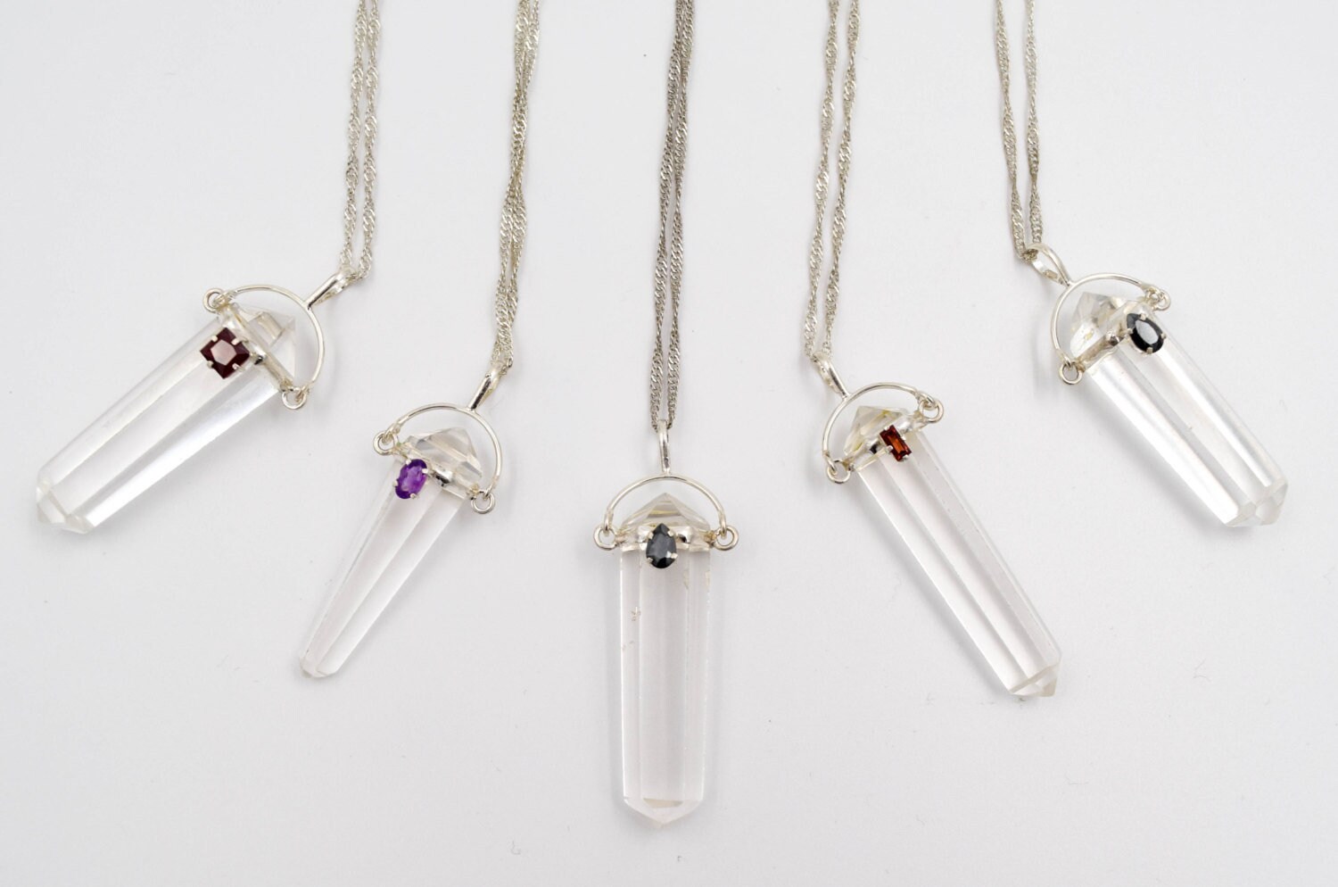 Rock Crystal Point Necklace: Sterling Silver Chain, Tourmaline Detail