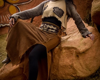 Handmade medieval Raw Cotton Skirt: Embroidered Waist, Adjustable Boho Skirt