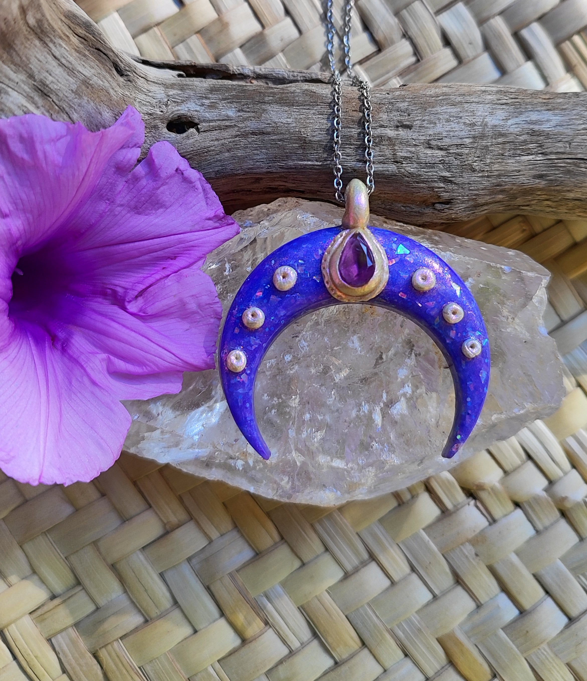 Amethyst purple moon pendant, handmade in polymer clay with opal purple effects image 2