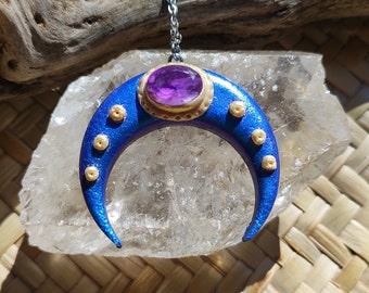 Handmade Amethyst Moon Pendant in Metallic Blue Polymer Clay - Unique Chameleon Effect Jewelry for Boho & Spiritual Styles