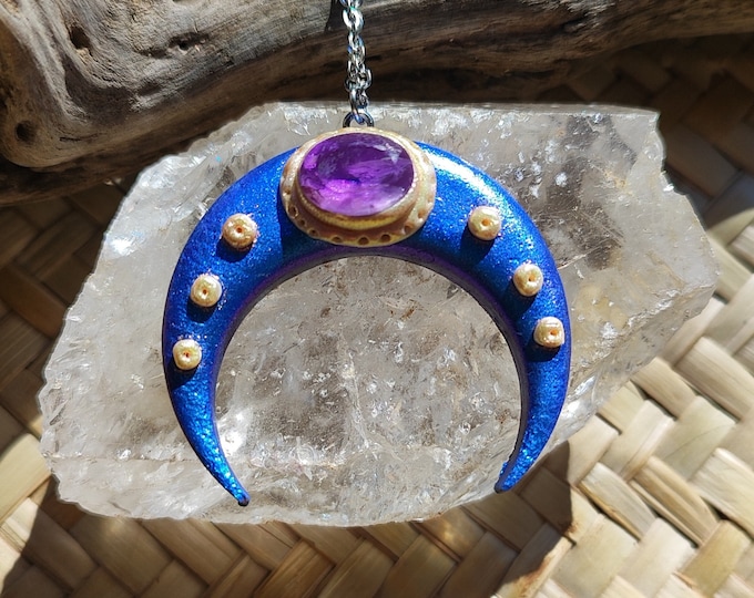Handmade Amethyst Moon Pendant in Metallic Blue Polymer Clay - Unique Chameleon Effect Jewelry for Boho & Spiritual Styles