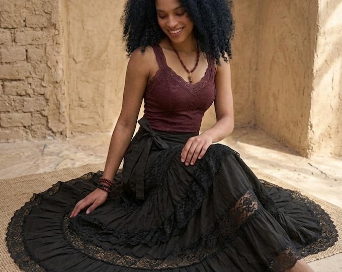 Black Gothic Gypsy Wrap Skirt, Lace Boho Maxi Skirt, Dark Romantic Prairie Skirt, Adjustable Layered Festival Skirt, Bohemian Wrap Around