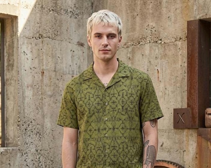 Men's moss Green Shipibo Shirt: Sacred Geometry Tribal Print