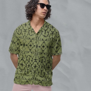 Men&#39;s moss Green Shipibo Shirt: Sacred Geometry Tribal Print