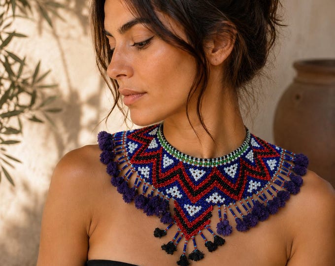 Tribal Statement Necklace Colorful Beaded Collar Indian Boho Jewelry Rajasthani Festival Accessory
