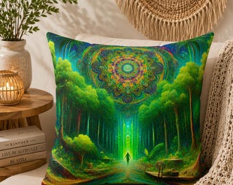 Green Forest Mandala Pillow: Spiritual Boho Home Decor