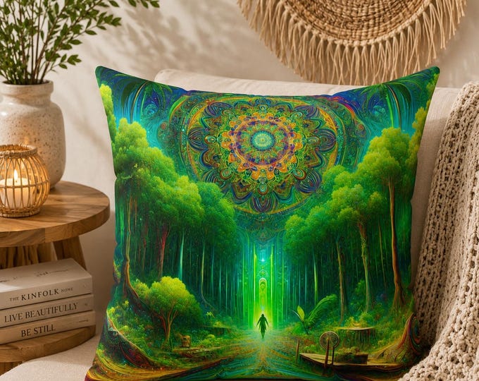 Green Forest Mandala Pillow: Spiritual Boho Home Decor