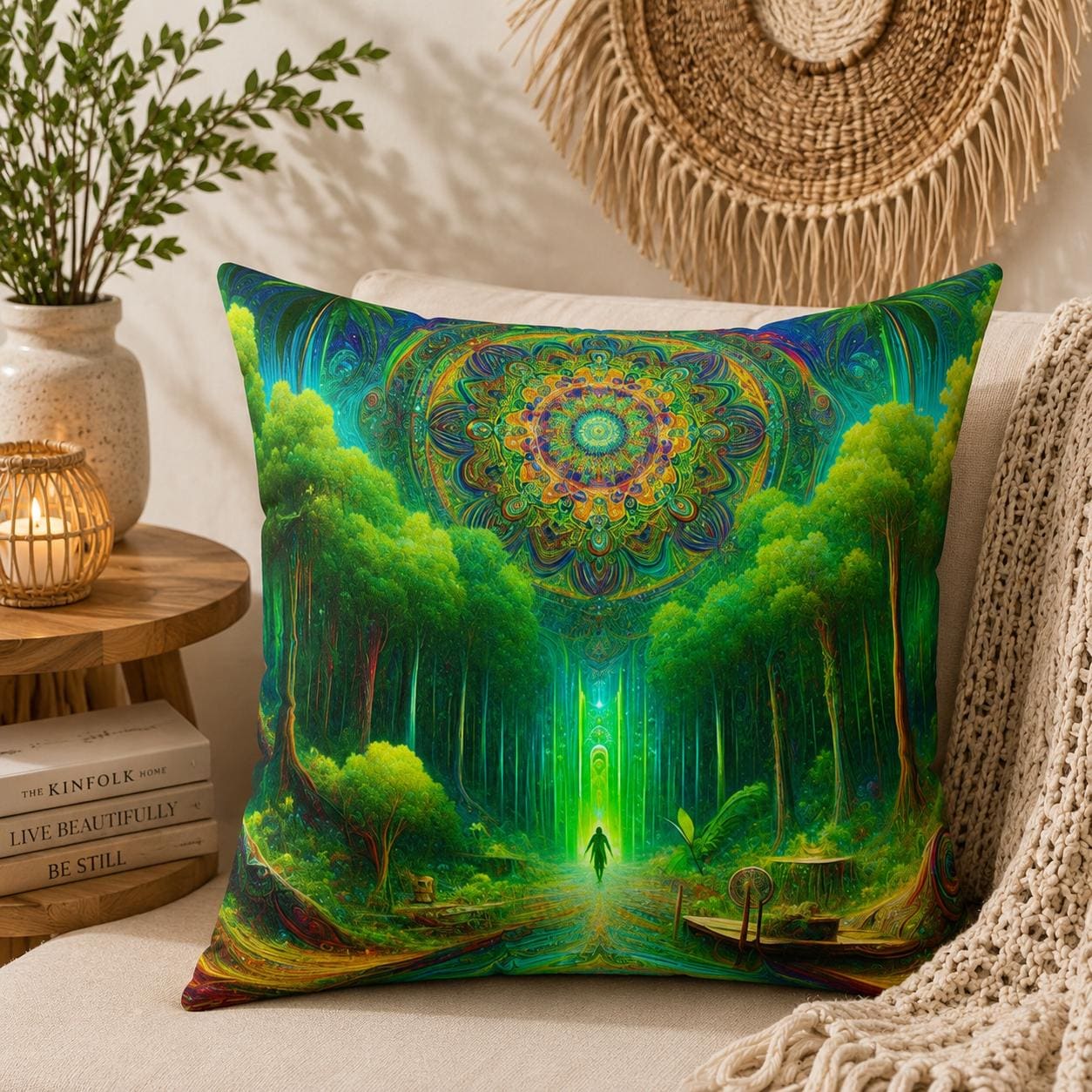 Green Forest Mandala Pillow: Spiritual Boho Home Decor
