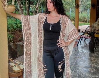Loom kimono, made in raw cotton, free size medieval style, block print vest, boho psy trance festival burning man, off white wrap poncho