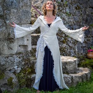 Celtic elven fairy cape, wicca medieval long dress Costume, hooded white long vest, boho festival althernative clothes