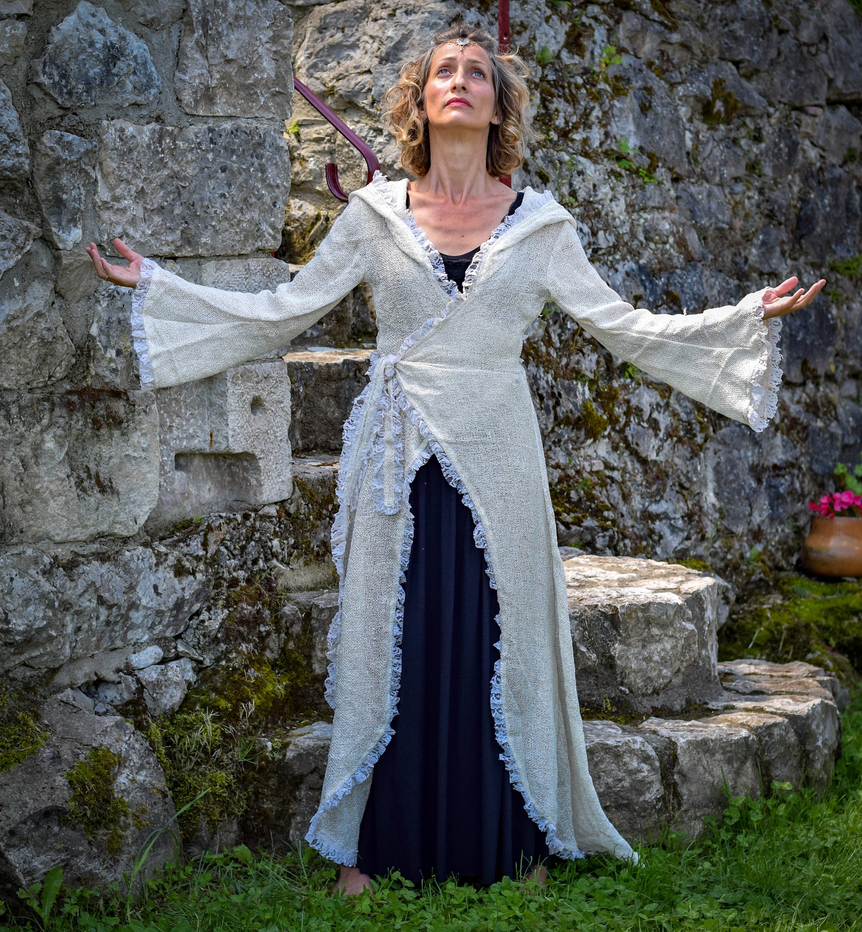 Celtic elven fairy cape, wicca medieval long dress Costume, hooded white long vest, boho festival althernative clothes